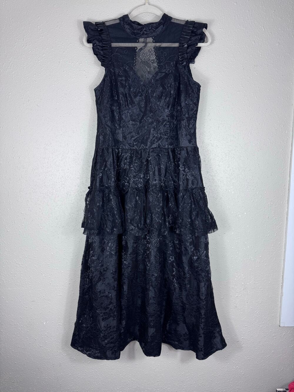 Vintage Black Lace Dress Featuring tiered Skirt & Ruffle Cap Sleeves size Large